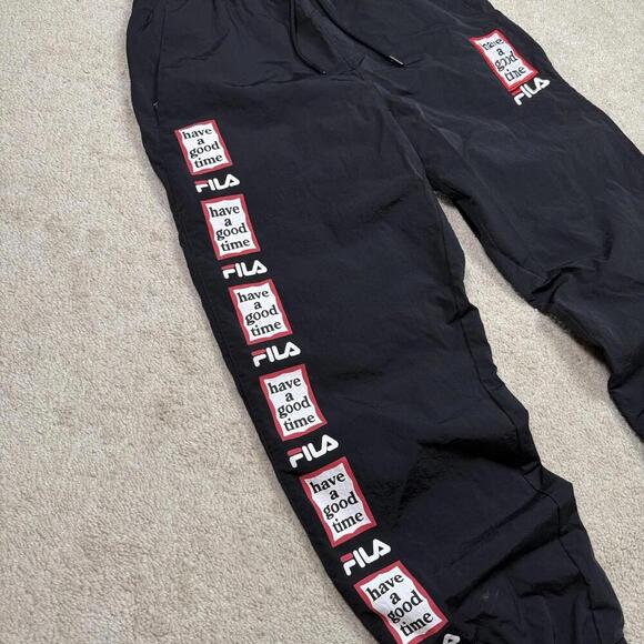FILA x Have A Good Time Black Track Pants Men’s M Loose Fit Logo Joggers Street - Picture 3 of 8